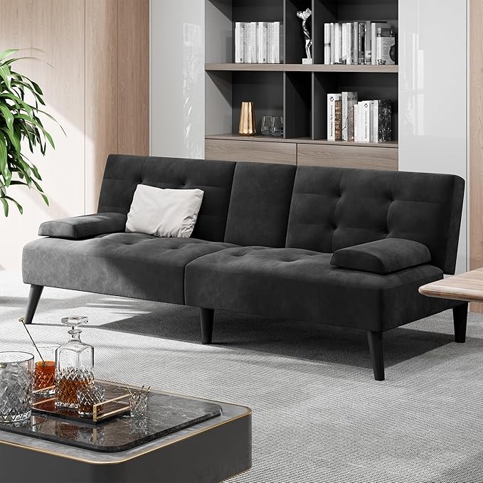 Shintenchi Futon Sofa Bed Velvet Foldable Couch Reclining Sleeper with Removable Armrests Upholstered Loveseat Sofa Couch with Folding Cup Holders for Home Office(Black)