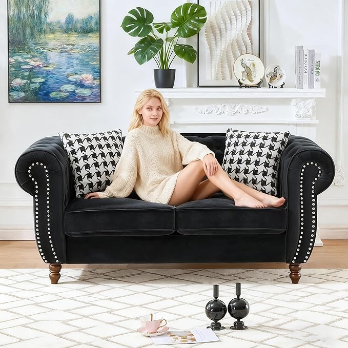 Loveseat Velvet Fabric Two- Seater Couch Buckle Design and Rivet Decoration Deep Seated Double Sofa Suitable for Living Room Bedroom Apartment Hotel etc (black-04)