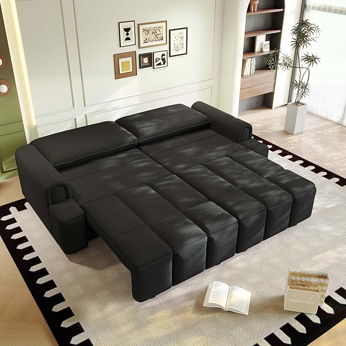 90.2 Futon Sofa Bed King 3-in-1 Teddy Convertible L-Shaped Sofa Upholstered Loveseat Couches Pull Out Couch Bed Small Spaces Deep Seat Storage for Living Room Apartment Black