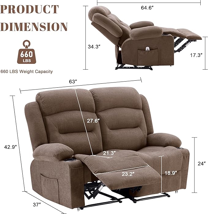 Oversized Recliner Sofa with Heat and Massage Big Large 2-Seater RV Recliner Couch Sofa for Living Room Wall-Hugger Reclining Sofa with Cup Holders and USB Port(Fabric Brown)