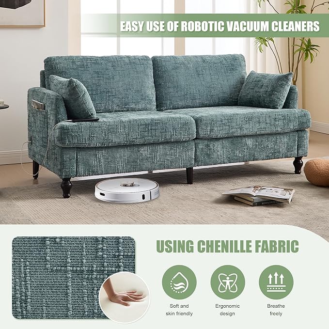 69” Modern Chenille Loveseat Sofa Couch Upholstered 2 Seat Love Seat Deep Seat Small Couch with LED Light and Sturdy Wood Legs for Living Room Bedroom Apartment (Lake Blue)