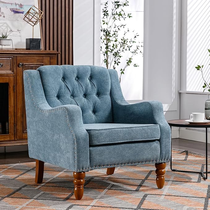 Blue Accent Chair Living Room Chair Footrest Chair Set with Vintage Brass Studs Button Tufted Upholstered Armchair for Living Room Comfy Reading Chair for Bedroom Reception Room