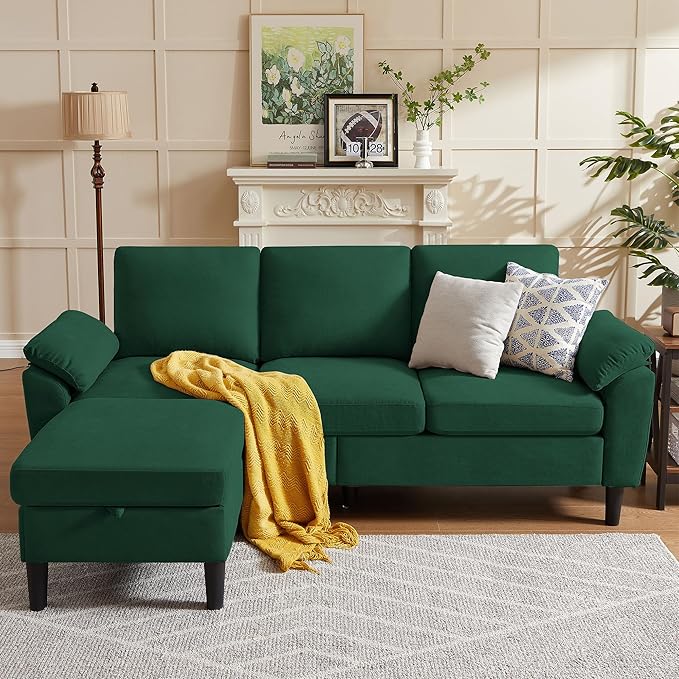 80 Convertible Sectional Sofa Small L Shaped 3 Seat Couch with Reversible Storage Chaise Modern Polyester Fabric Sofa Couches for Living Room Apartment and Small Space Green