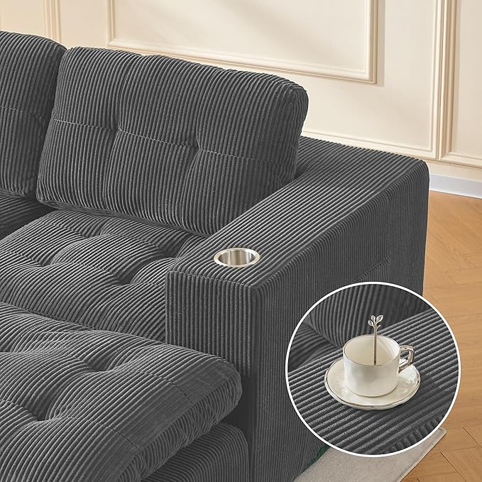105 L Shaped Modular Sectional Sofa with OttomanCloud Boneless Couches for Living RoomCorduroy Comfy Couch with Chaise and Cup HolderUpholstered Sofa in A Box No AssemblyDark Grey