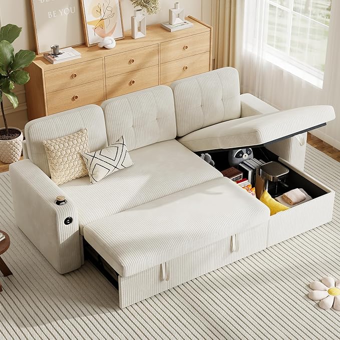 83'' Pull Out Sofa Bed 2 in 1 Convertible Sleeper Sofa Couch with Storage Chaise &amp USB Charging Comfy Corduroy Modular Couches for Living Room ApartmentBeige 1 PCS