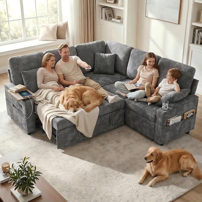 81 Modular Sectional Sofa L Shaped 5-Seater Sleeper Sofa with Pull Out Bed Hidden Storage Cup Holders &amp USB Charging Ports Sectional Couches for Living Room Chenille Grey