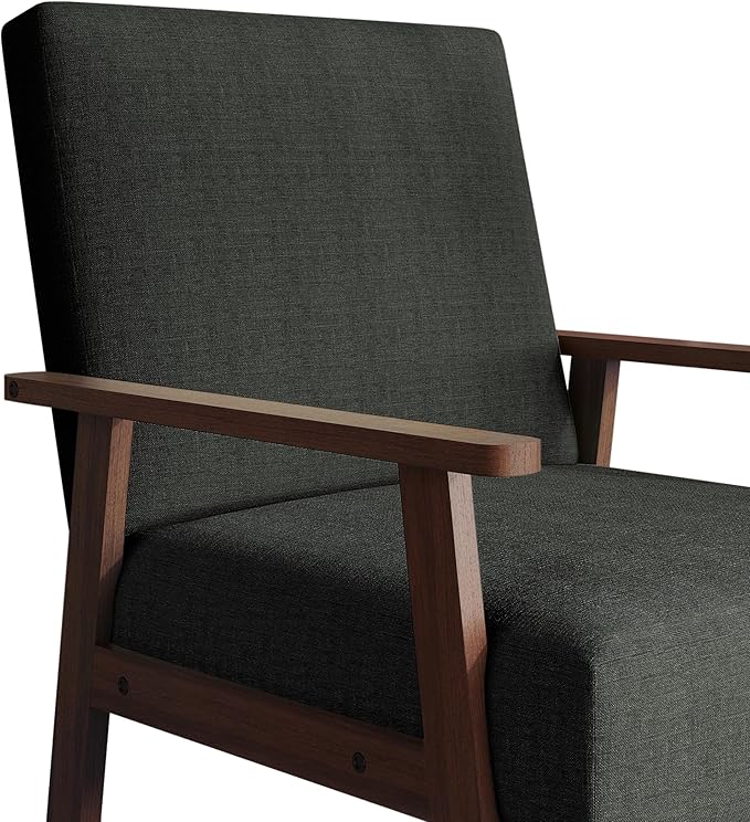 Mid-Century Modern Accent Chair Linen Upholstery Wooden Armrests Cushioned Seat Easy Assembly Charcoal Grey