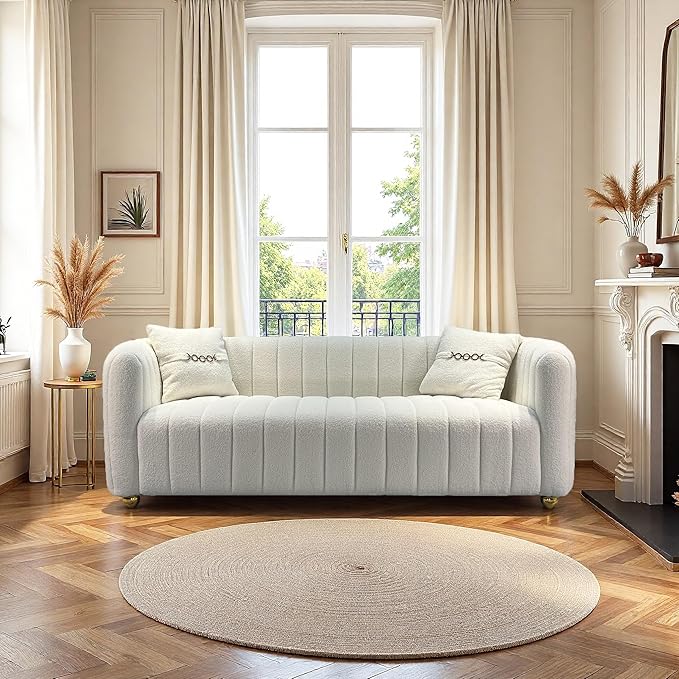 Modern Lambswool Loveseat Sofa Couch for Living Room 84 Comfy Upholstered 3 Seater Sofa Couch with Gold Metal Legs &amp 2 Pillows Luxury Sectional Sofa for Bedroom Office Apartment Creamy-White