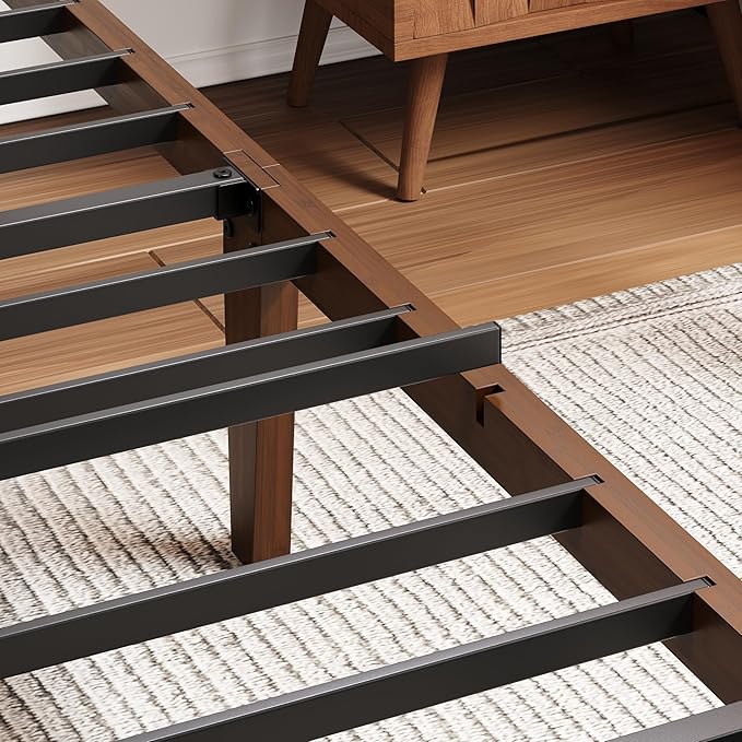 14in High Solid Bamboo Wood Platform Twin XL Bed Frame with Headboard Reinforced Heavy Duty Metal Slats Noise Free No Box Spring Needed Easy Assembly Walnut