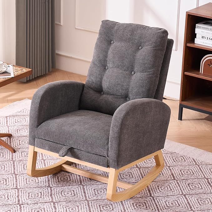 Rocking Chair with Foot Rest Nursery Glider Teddy Gliding Rocking Chair with Retractable Footrest Rubber Wood Legs Side Pocket High Back &amp Wide Seat Nursing Chair for Living Room (Gray)