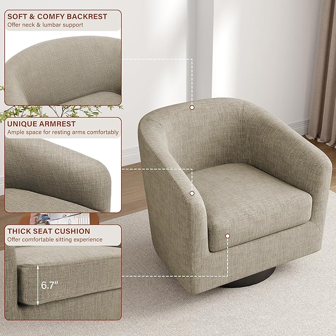 Lumibee Swivel Accent Barrel Chairs Upholstered Comfy Swivel Round Barrel Chair 360° Rotation Single Sofa Club Armchair for Living Room Reading Room Bedroom Light Brown