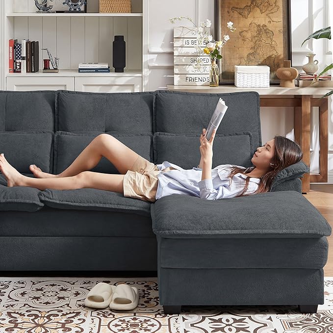 110“ Convertible Sectional Sofa U Shape Cloud Couch Comfy Couches with Double Chaise and Sleepable Armrests 4 Seats Sectional Couches for Living Room Dark Grey