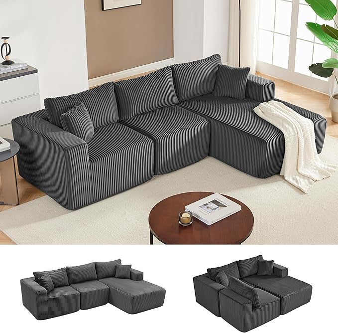 97 Modular Sectional Sofa L-Shaped Boneless Couch with Deep Seat Cozy Cloud Couch Sectional with Convertible Ottoman Modern Sectional Couches for Living Room（ Grey）
