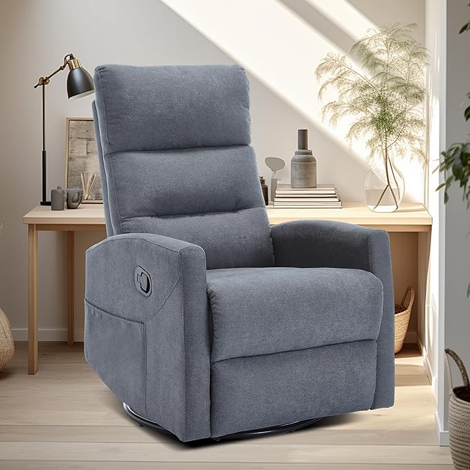 360° Swivel Rocking Chair for Nursery Manual Glider Chair Nursing Chair with Side Pockets Polyester Glider for Living Room Heavy Duty Motion Mechanism Gray