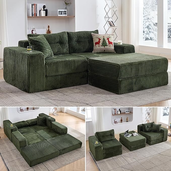 TYBOATLE Modular Cloud Sofa Loveseat with Ottoman Modern Corduroy Boneless Sectional Foam Couch with Deep Seats Convertible Sleeper Sofa Bed for Living Room No Assembly (Forest Green 2 Seat)