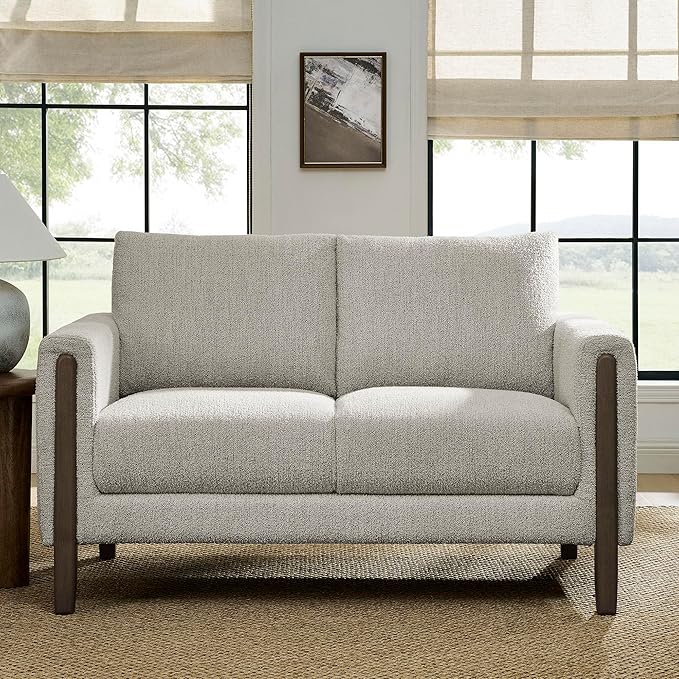 Modway Hawken 54 Inch Boucle Loveseat in Parchment Espresso with Wood Legs – Mid-Century Modern Small Space 2-Seater Sofa for Living Room Bedroom or Office Lounge