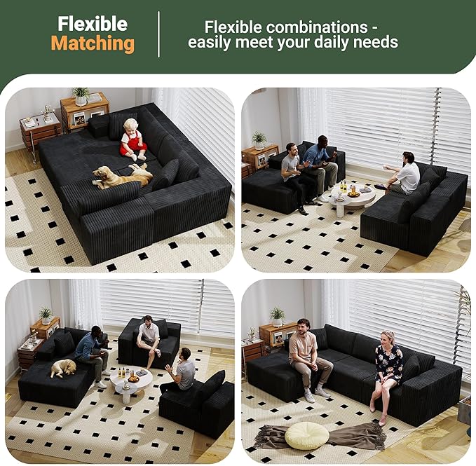 110 Modular Sectional Couch with L-Shaped Chaise Cloud Sectional Couch with Deep Seat Corduroy Sofa for Living Room Bedroom No Assembly Required (Left Facing Chaise) Charcoal Black