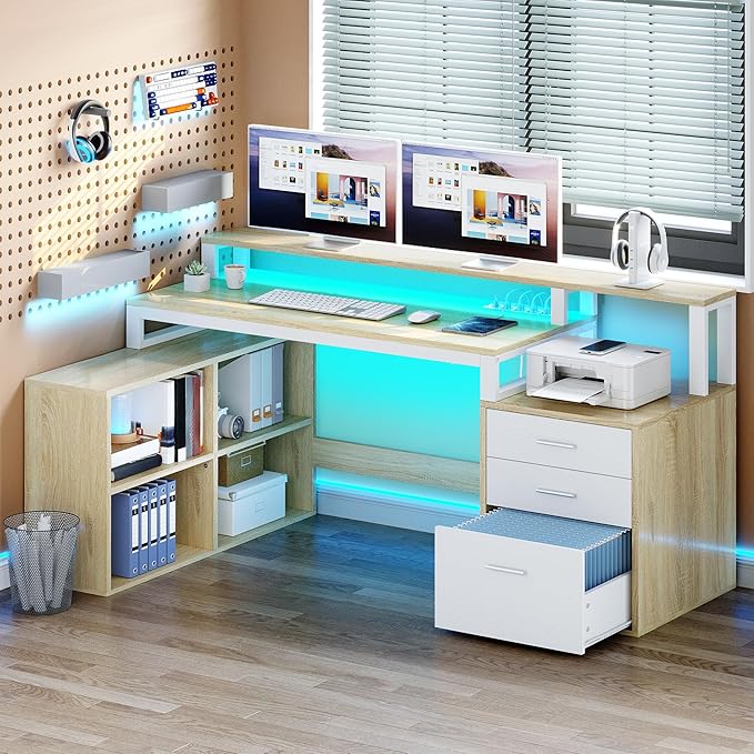 YITAHOME L Shaped Desk with 3 Drawers 65 Corner Computer Desk with Power Outlets &amp LED Lights L-Shaped Desk with File Cabinet &amp Printer Stand for Home Office White &amp Oak
