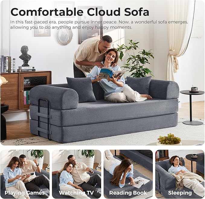 79'' Convertible Sofa Bed 5-in-1 Folding Corduroy Sleeper Couch with Pull Out Bed Oversized Modular Floor Sofa No Assembly Space-Saving Guest Bed for Apartment Living Room Bedroom (Dark Gray) | Co