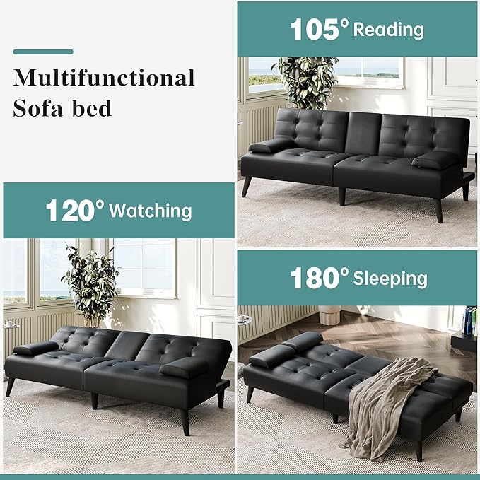 Meilocar 64 Futon Sofa Bed Convertible Loveseat with 2 Cup Holders Small Couch with 3 Adjustable Angles &amp Removable Armrest Modern Sleeper Sofa for Apartment Office (PU Leather Black)