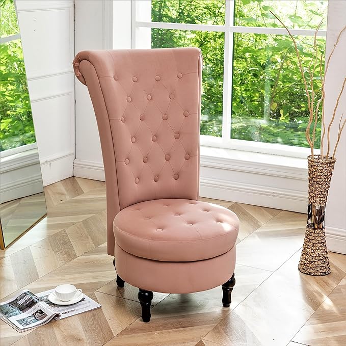 Royal High-Back Velvet Accent Chair for Vanity with Storage and Luxurious Upholstery Retro Design and Versatile Usage for Living Room Bedroom Lounge and Office Rose