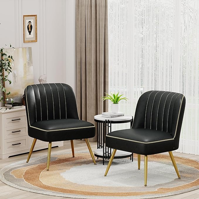 Andeworld Modern Accent Chair Set of 2 Upholstered Leather Living Room Chairs Elegant Armless Cute Small Side Club Chair with Golden Legs for Bedroom-Black