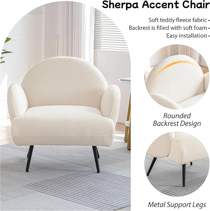 Accent Chair White with Black Metal LegsReading Chair for Bedroom Comfy Boucle Sherpa Chair for Living Room Bedroom