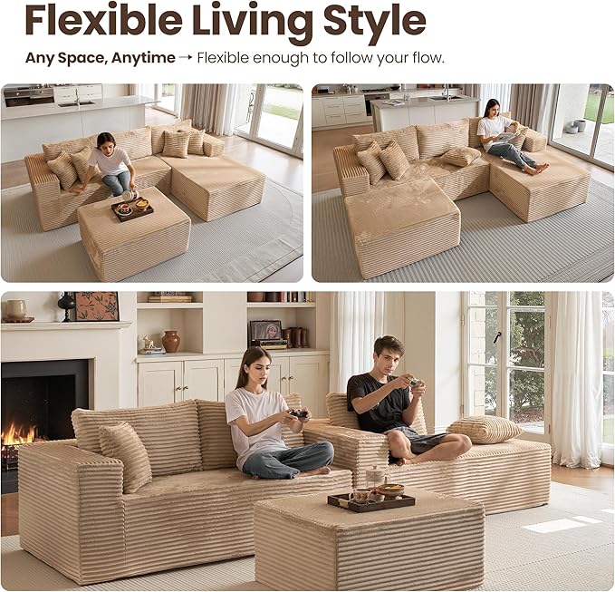 108 L Shaped Couch with Movable Ottoman Beige Boneless Memory Foam Modular Sectional Sofa with Right Facing Chaise Upholstered Corduroy U Couches for Living Room Bedroom No Assembly Required
