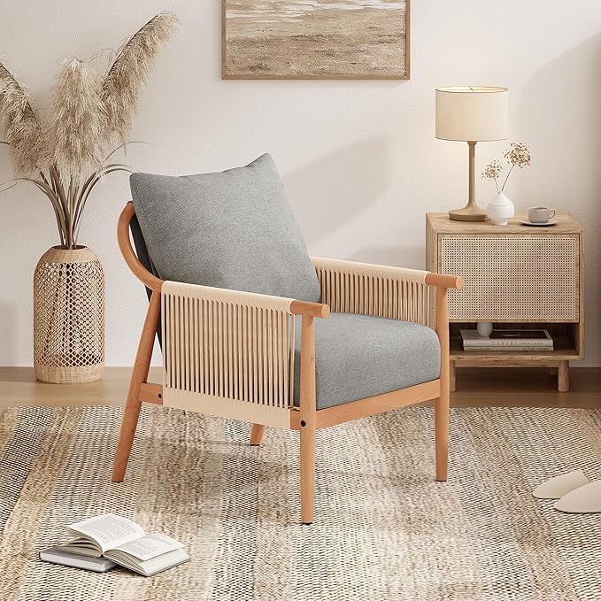 Soohow Mid-Century Modern Braid Armchair Wooden Accent Chair for Living Room &amp Bedroom Reading Spaces