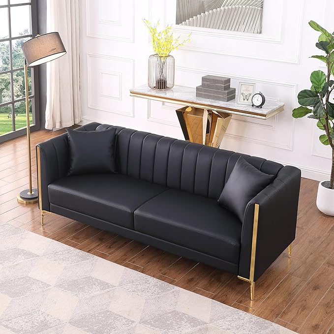 FOTOSOK Black Leather Couch Sofa Office Couches for Living Room 78'' Apartment Faux Leather Sofa with 2 Throw Pillows and Gold Metal Legs Waterproof 3 Seater Couches for Small Living Room
