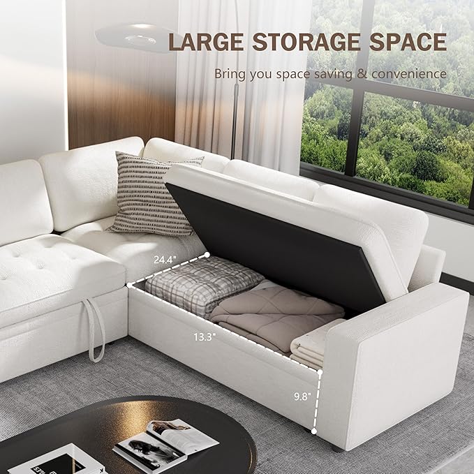 Sunny Heart Chenille Modular Sectional Sleeper Sofa with Pull Out Bed L Shaped Sectional Sofa with USB Ports/Adjustable Backrest/Storage Seats Tool-Free Assembly Couches for Living Room Beige