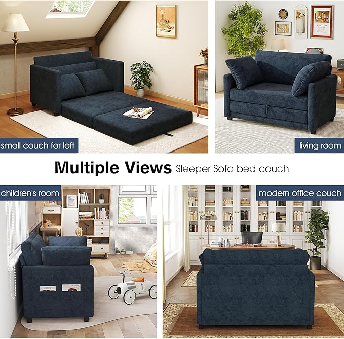 51 Loveseat Sleeper Sofa Bed Chenille Convertible Floor Sofa Bed for Small Spaces Folding Couch Bed with Deep Seat 2 Pillows &amp Solid Frame Pull Out Floor Couch for Living Room Blue