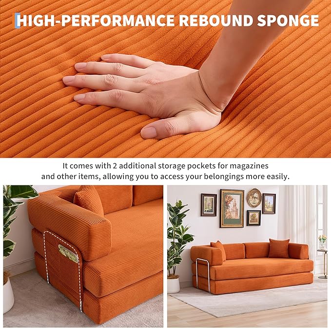 Garvee 5-in-1 Convertible Sofa Bed 78.8 Modular Corduroy Sleeper with Sturdy Frame &amp No Assembly Multi-Functional Futon for Small Space Living Room &amp Guest Room (Green) (Orange)
