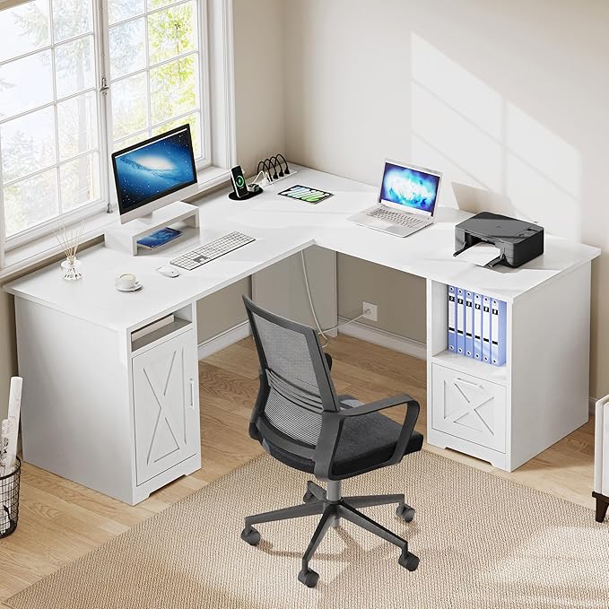 YITAHOME L Shaped Desk with Power Outlets 60 Inch Computer Desk Corner Desk with File Drawer Home Office Desk with Monitor Stand &amp Storage Shelves L-Shaped Desk with File Cabinet White