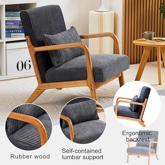 Mid-Century Accent Chair Upholstered Fabric Living Room Chair with Solid Wood Frame Modern Small Side Arm Chairs Comfy Wingback Reading Chair for Bedroom Office (Dark Grey A)