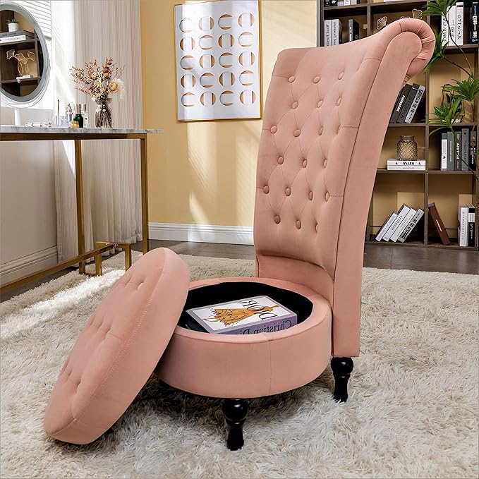 Royal High-Back Velvet Accent Chair for Vanity with Storage and Luxurious Upholstery Retro Design and Versatile Usage for Living Room Bedroom Lounge and Office Rose