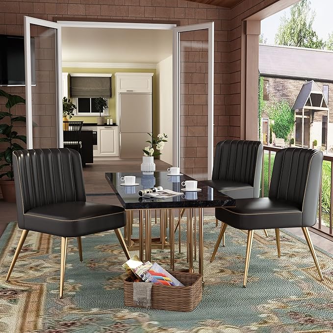 Andeworld Modern Accent Chair Set of 2 Upholstered Leather Living Room Chairs Elegant Armless Cute Small Side Club Chair with Golden Legs for Bedroom-Black