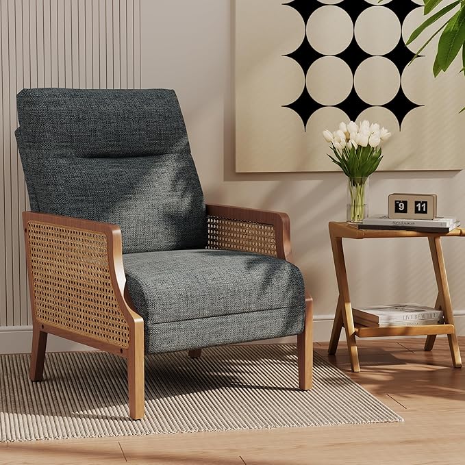 Aklaus Mid Century Accent Chair Set of 2 with Rattan Armrest Upholstered Living Room Chairs Lounge Fabric Reading Chairs Side Sitting Farmhouse Chair for Living Room Bedroom Balcony Grey