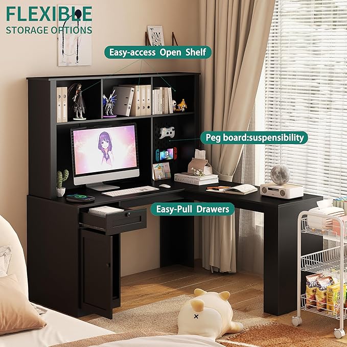 L Shaped Computer Desk with Pegboard &amp Charging StationHome Office Corner Desk with Drawer Bookshelf &amp Hutch Writing Desk with StorageComputer Desk for BedroomOfficeLiving Room (Black)