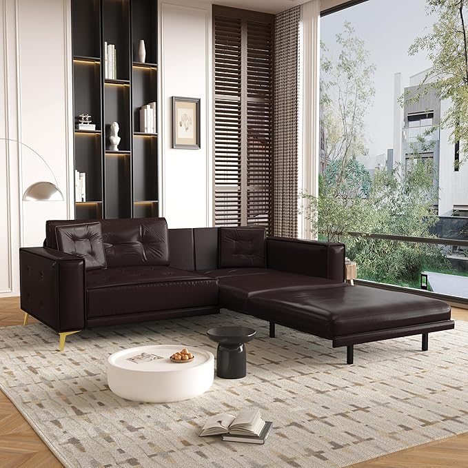 92.1 King Size Pull Out Couch Faux Leather 3-in-1 Convertible Sofa Bed with Wide Armrests &amp Tufted Upholstery 4 Seat Pull Out Sofa Bed with Pillows for Living Room/Apartment/Office Dark Brown
