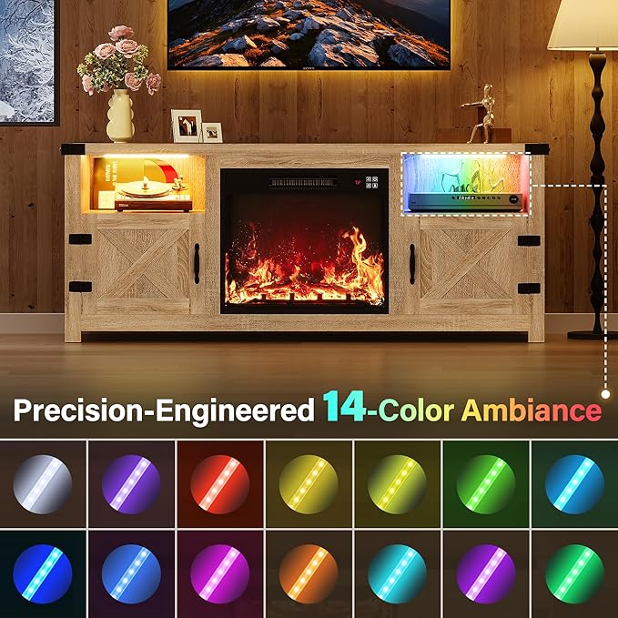 YESHOMY LED Fireplace TV Stand with Mood Lighting TV Cabinet with Open Shelf Farmhouse Media Console with Hidden Cable Routing Entertainment Center for Televisions up to 65+ Inch Natural Oak