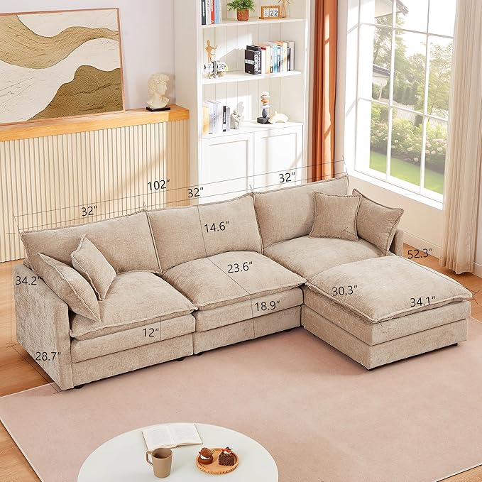 102 Modular Sectional Sofa L Shaped Cloud Couch with Movable Ottoman Comfy Chenille Deep Seat Sofa with Throw Pillows 3-Seater Cloud Couches for Living Room Apartment
