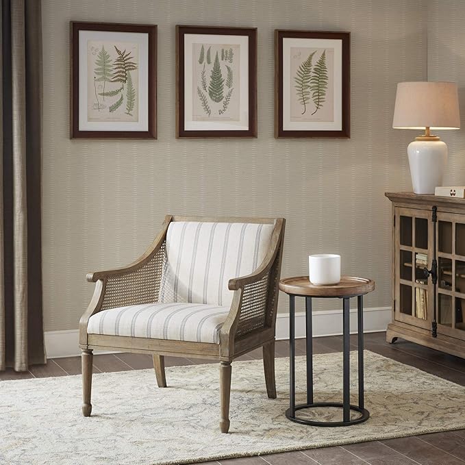 Martha Stewart Isla Accent Chairs for Living Room with Solid Wood Frame Cane Webbed Swoop Track Arms Turned Legs Farmhouse Coastal Cottage Deep Seating Lounge - Reclaimed Wood Beige