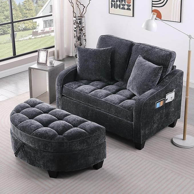 ERYE Chenille Tufted Loveseat Sofa and Ottoman Set Tufted Recliner Sleeper Chaise Lounge with Curved Storage OttomanReclining Backrest and Side Pockets 4 Pillows