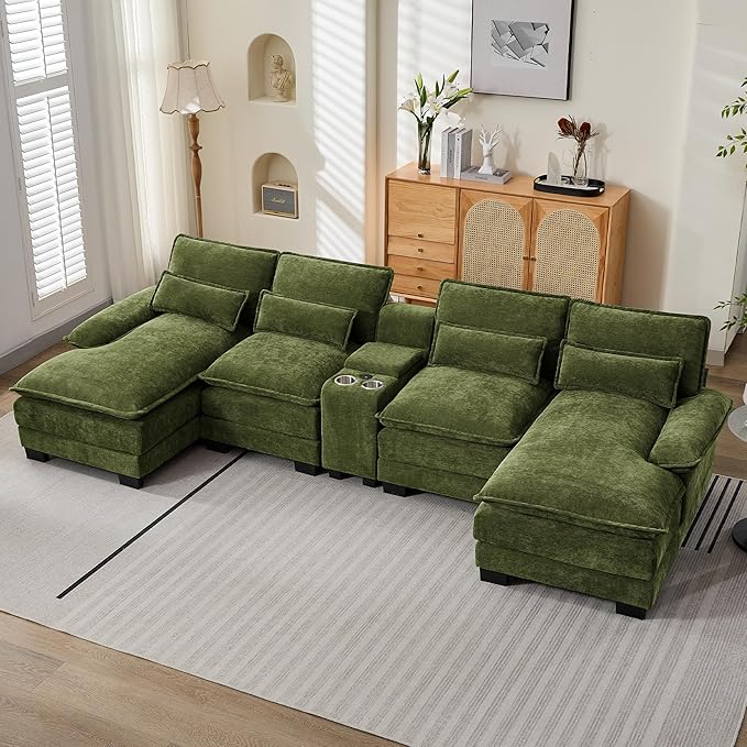 U Shaped Sectional Sofa with Storage Console Cup Holders &amp USB Ports Small Modular Cloud Couch with Deep Seats Modern Comfy Living Room Sofa for Apartment Chenille Green
