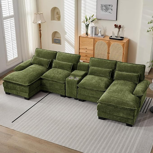 U Shaped Sectional Sofa with Storage Console Cup Holders &amp USB Ports Small Modular Cloud Couch with Deep Seats Modern Comfy Living Room Sofa for Apartment Chenille Green