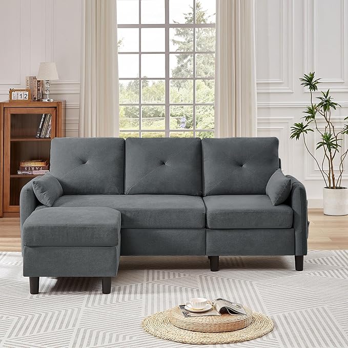 Small Sectional Sofa 3 Seat L-Shaped Couch Convertible Sectional Sofa with Reversible Chaise Modern Linen Fabric Sofa Couches for Living RoomSmall Apartment Dark Grey