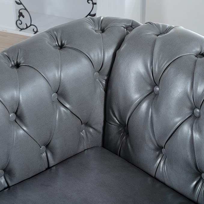 GDFStudio 39 Tufted Button Chesterfield Sofa with Deep Seat Cushions Rolled Arms &amp Gold Accent Strip 1-Seater Midcentury Modern Sofa for Living Room Classic Couch Furniture Gray + PU