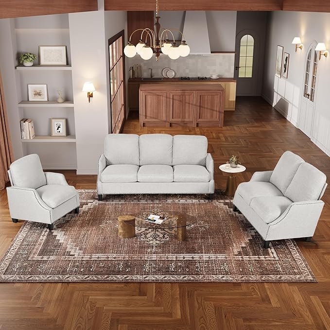 3 Piece 6-Seater Living Room Sofa Set Modern Upholstered 3-Seater Sofa Loveseat &amp Armchair Handmade Nailhead Trim Ergonomic Deep-Seat Couch for Living Room Bedroom Apartment Beige