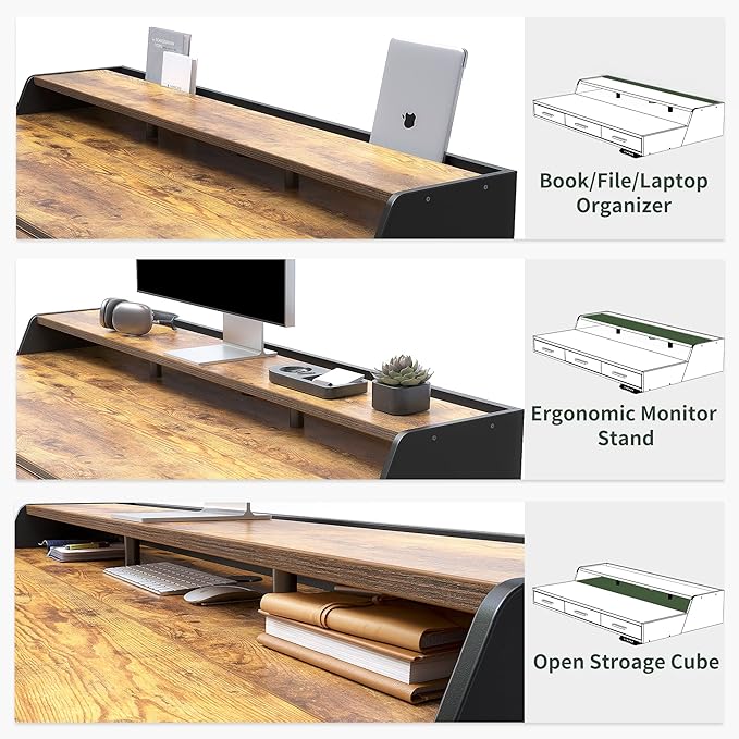 CubiCubi Standing Desk 48x26 Inches with 3 Wood Drawers and Monitor Shelf Ergonomic Rising Home Office Desks Height Adjustable Computer Desk Sit Stand Up Electric Workstation Table Brown